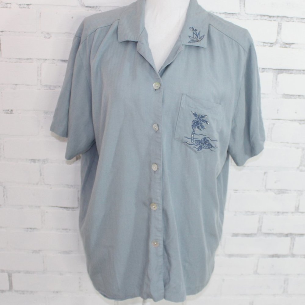 Teddi Blue Button Up Palm Tree Top // Summer Top